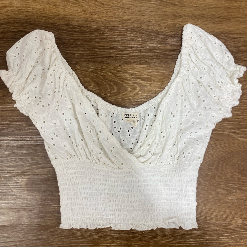 Billabong White Flutter Sleeve Smocked Blouse